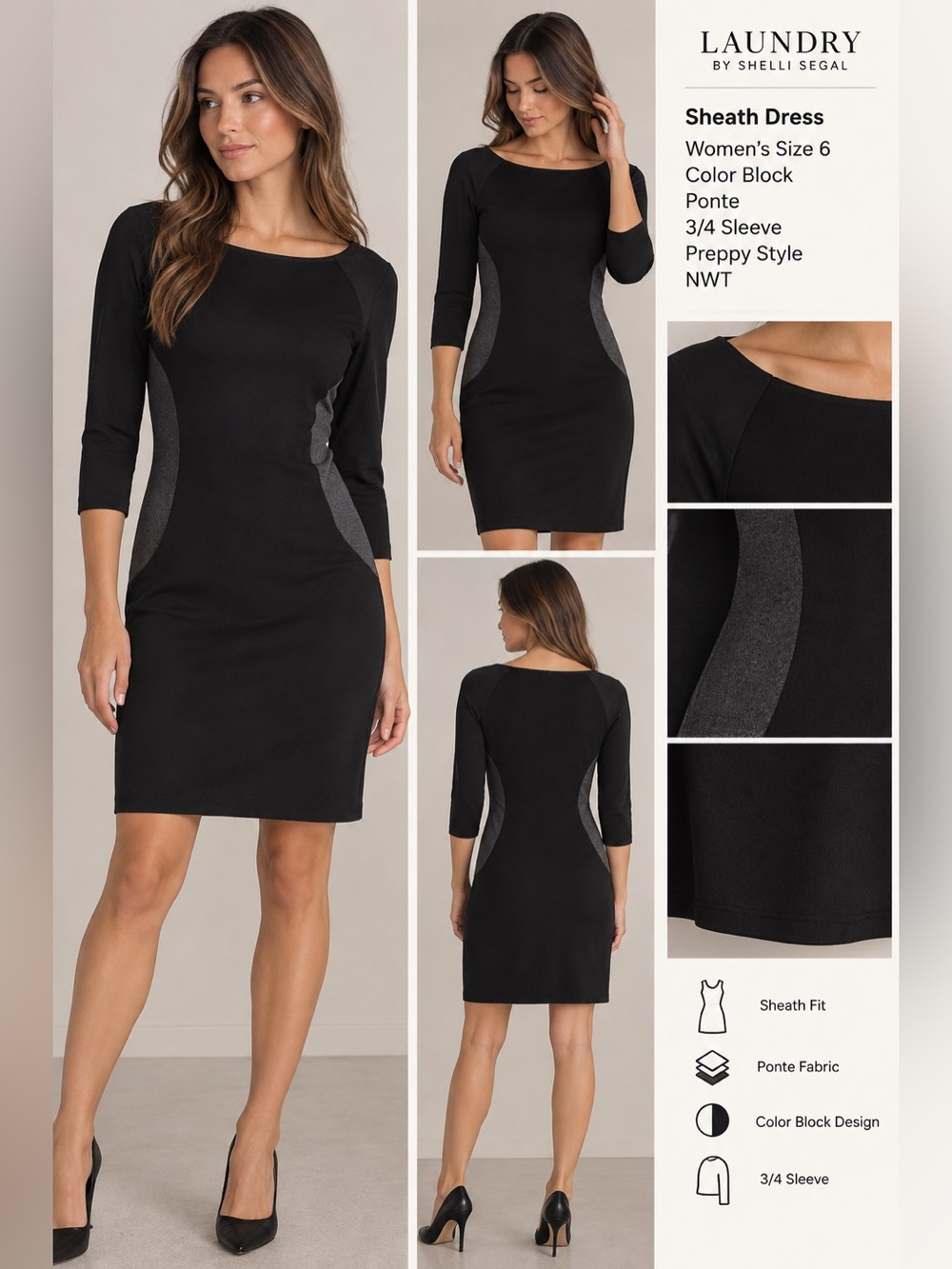 ladies size 6 dresses Laundry By Shelli Segal | | Laundry By Shelli Segaldress Womens Sheath Color Blockponte Preppynwt length_Tea Length
